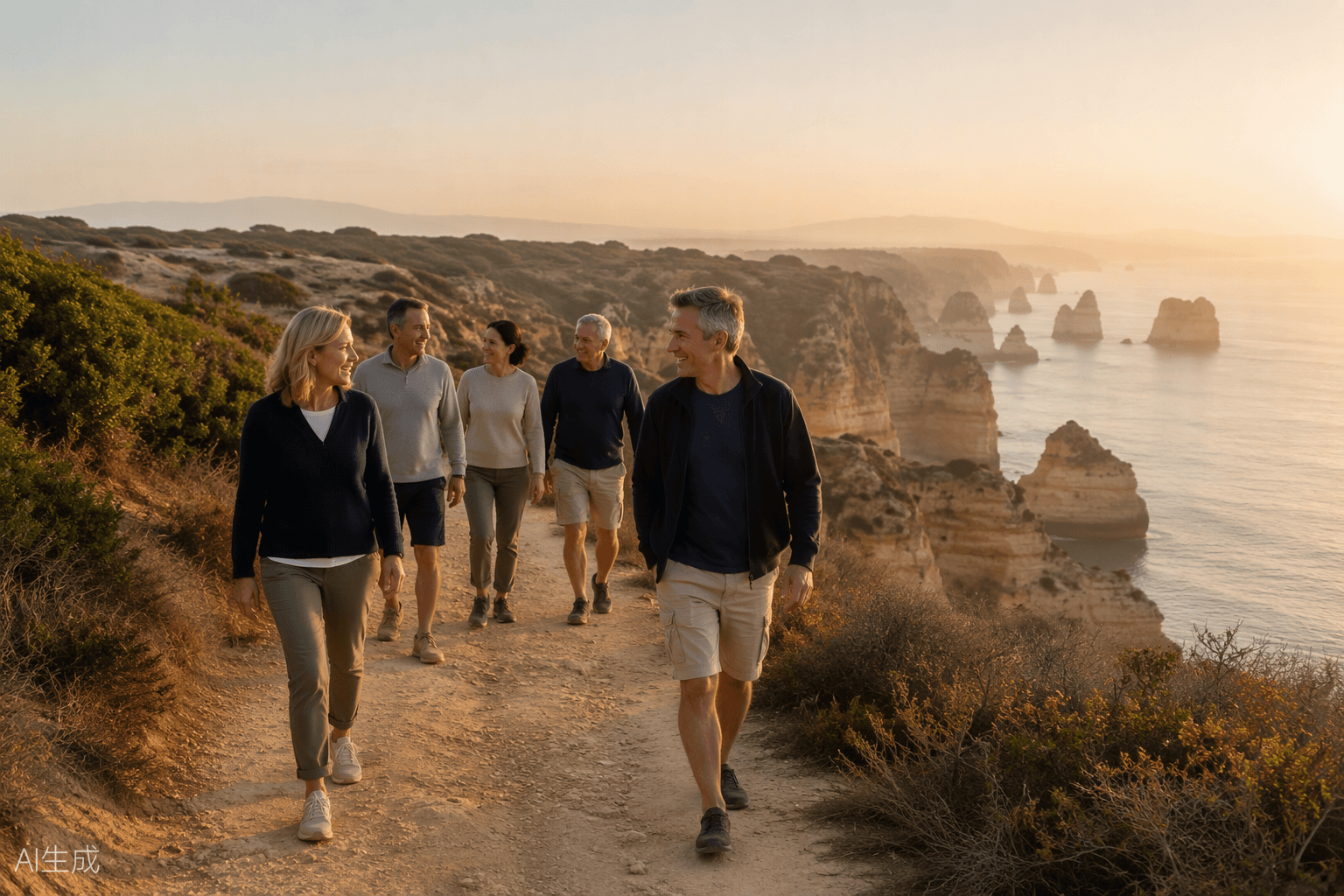 Small group walking a coastal cliff path above golden cliffs at sunrise