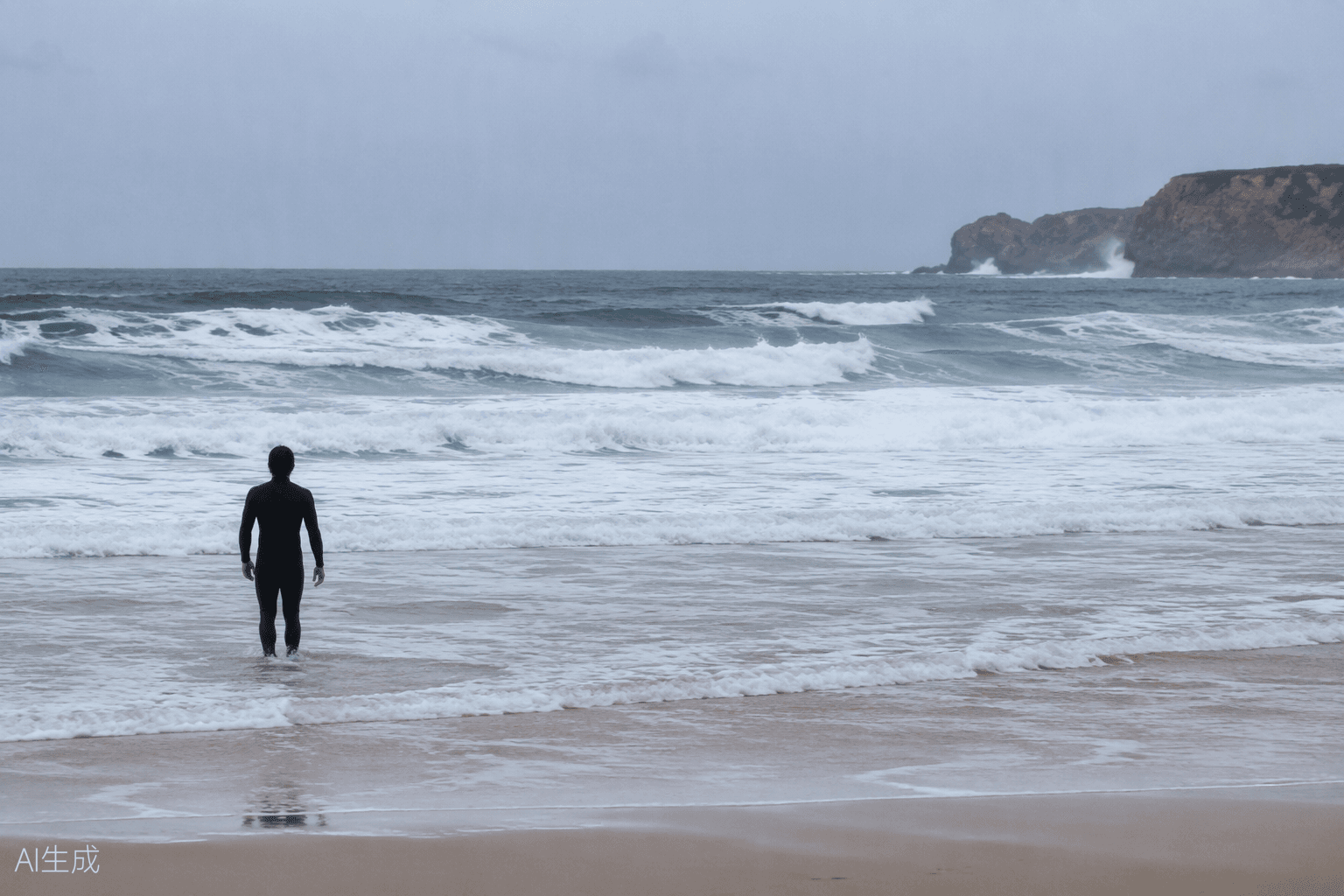 A person in a wetsuit facing Atlantic surf on a vast pale beach