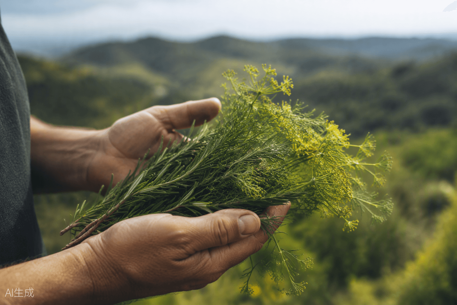 Hands cupping freshly picked wild herbs with green hills behind