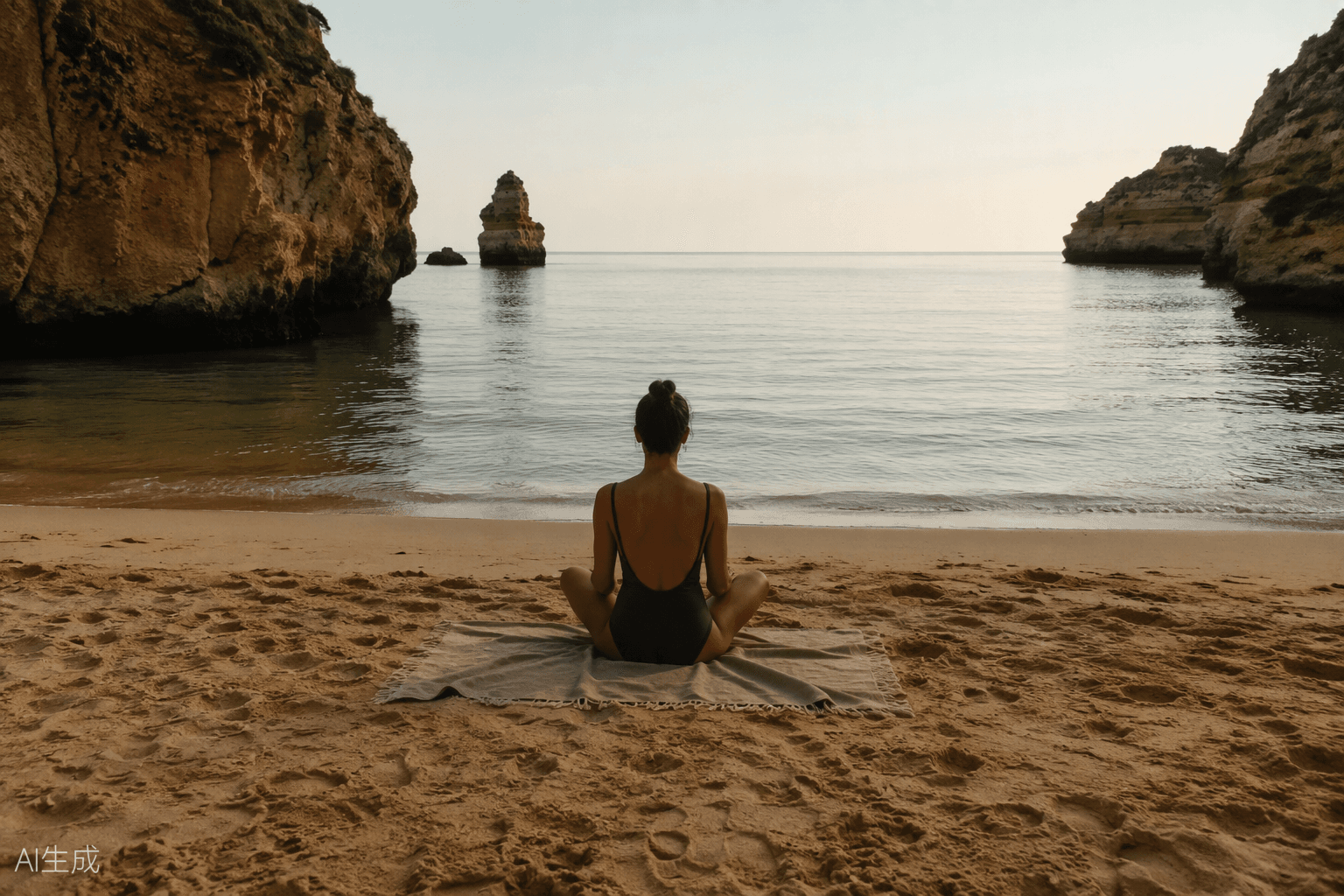 One person sitting quietly at the waterline of an empty cove at dawn